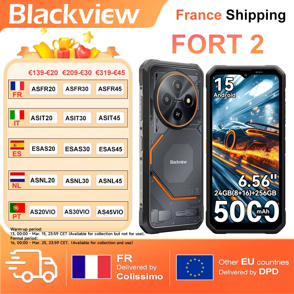 Blackview FORT 2 [pas de chargeur UE] Smartphone robuste 8 Go + 256 Go/8 Go + 128 Go 5000 mAh 18 W Android 15 6,56 ''HD + IPS NFC/GPS double SIM