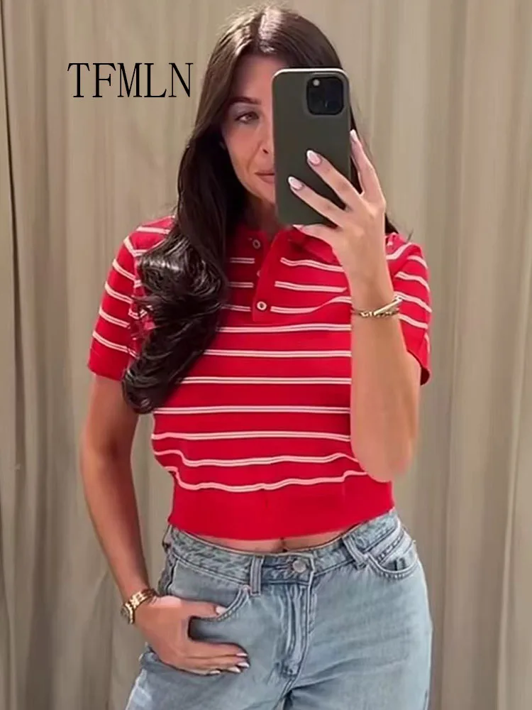 Schicke Lässige Damen Gestreifte Strickpullover 2026 Sommer Mode Polokragen Kurzarm Pullover Tops Vintage Street Knitwear