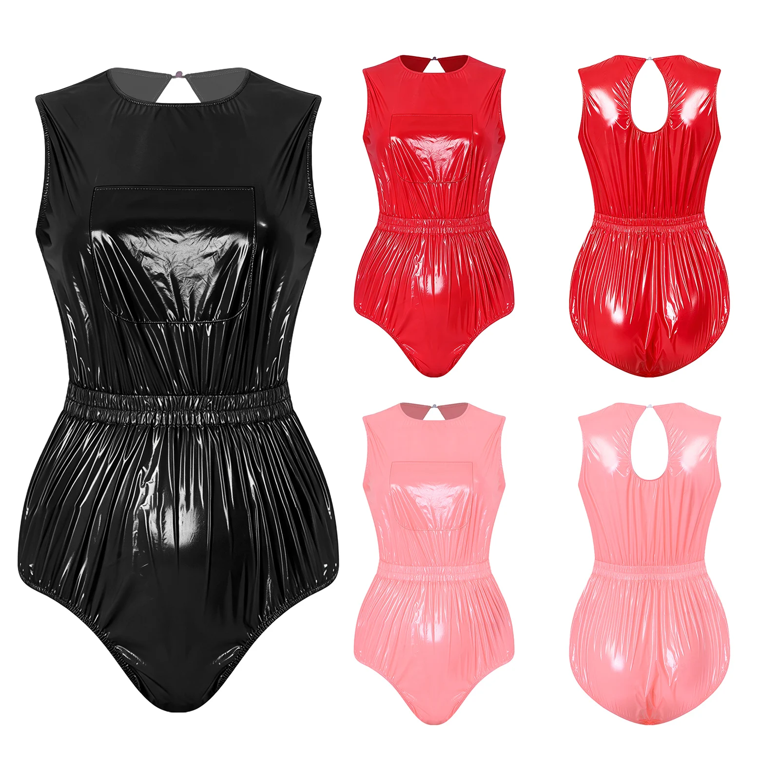 Wasserdichter Vinyl-Badeanzug für Damen, ärmellos, mit Brusttasche vorne, geknöpfter Schritt, Bodysuit, Badebekleidung, Windelüberzug, Kleidung – Detail 3