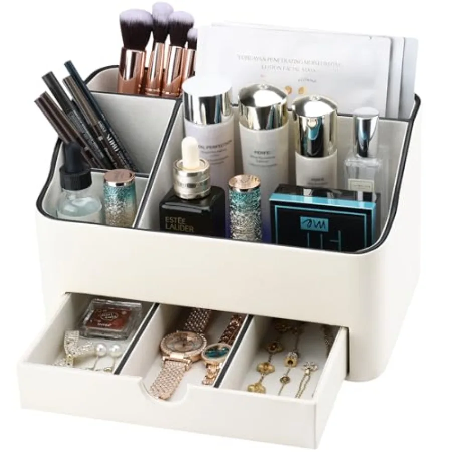 

PU Leather Makeup Organizer with Drawer, Skincare Organizer for Vanity, Cosmetic Storage for Dresser Countertop, Beauty Holder