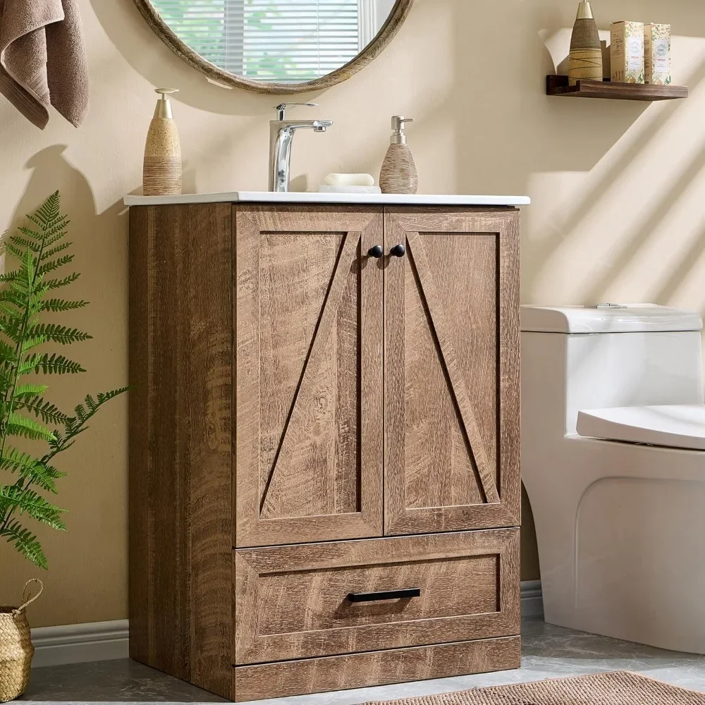

24" Farmhouse Bathroom Vanity with Sink, Bathroom Vanity Sink Cabinet with Large Storage Drawer, Modern Floor Standing Bathroom