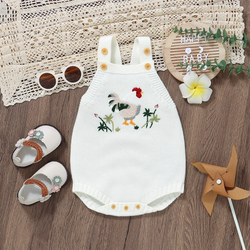 Baby Bodysuit Knit Infant Girl Boy Jumpsuit Sleeveless Summer Newborn Kid Sling Clothes Fashion Embroidery Rooster 0-18M Overall