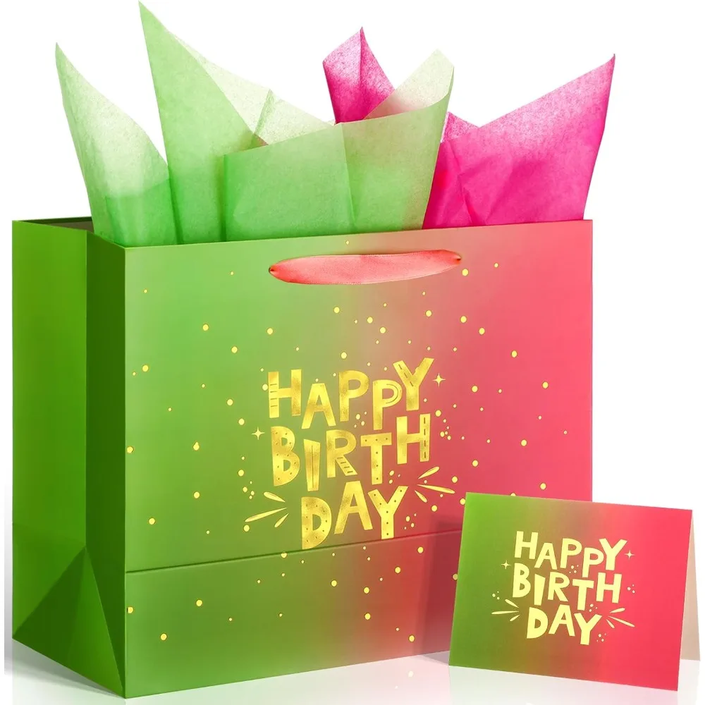

Pink and Green Birthday Gift Bag Large Happy Birthday Goodie Wrapping Bag with Tissue Paper Greeting Card Pink Green