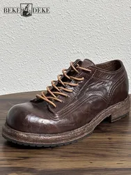 Handmade Horsehide Genuine Leather Dress Shoes Retro Design Office Men Derby Shoes Lace Up Thick Bottom Work Cargo Shoes Size 45