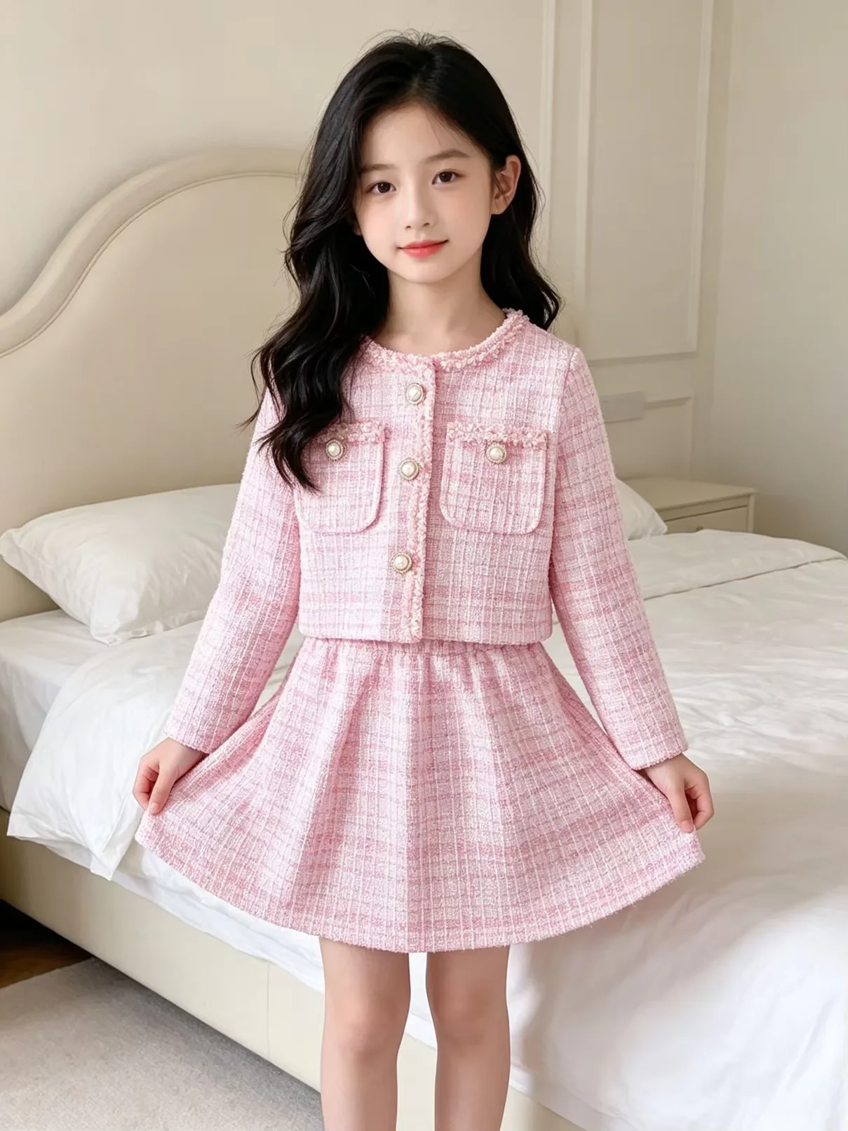 Girls 2 Piece Outfit Set Spring Autumn New Kids Sweet Pink Round Neck Jacket Skirt Suit Baby Toddler Fashion Clothing