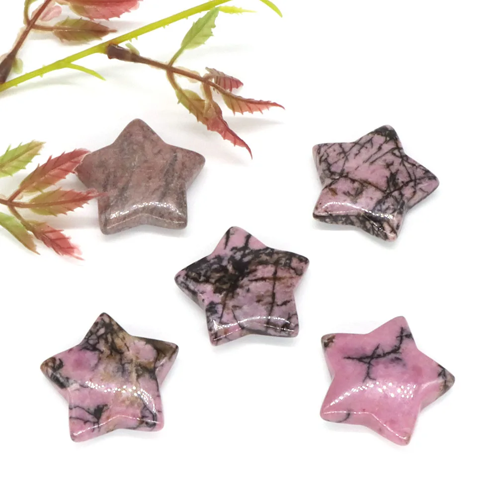 10 Pcs/Lot 30mm Star Shape Natural Gemstone Pink Black Rhodonite Crystal Reiki Healing Stone For Making Mascot Jewelry Love Gift