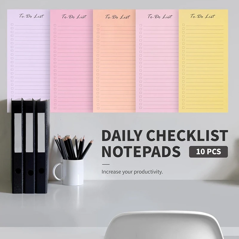 10 PCS To Do List Sticky Notes Bloc de notas diario 8,5X3,7 pulgadas, 500 hojas, colores surtidos, forrado