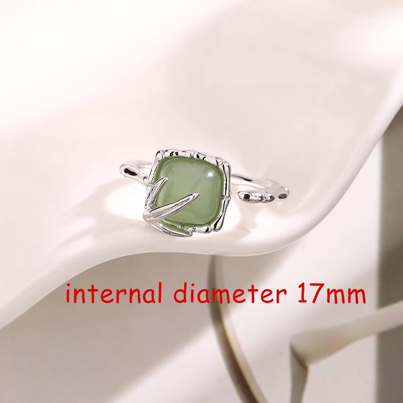 Chinese Style Bamboo Node Leaf Square Green Jade Metal Opening Adjustable Rings for Women Fashion Jewelry Minimalist Accessories