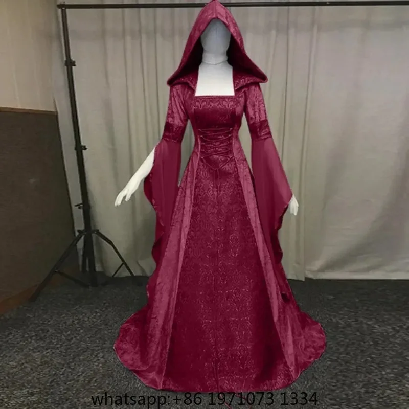 Women Deluxe Witch Dress Medieval Renaissance Maxi Train Dress Halloween Devil Pagan Witch Wedding Cos Costume Hooded Gown Robe