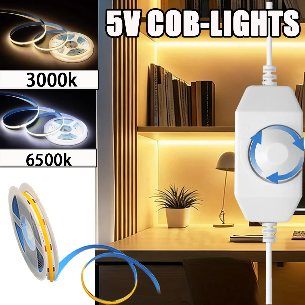 

8mm COB LED Strip Lights with Dimmer, /1m/2m/3m/5m/, 5V USB Interface, High Brightness, Tape for Wardrobes, Shoe Racks, Bedroom