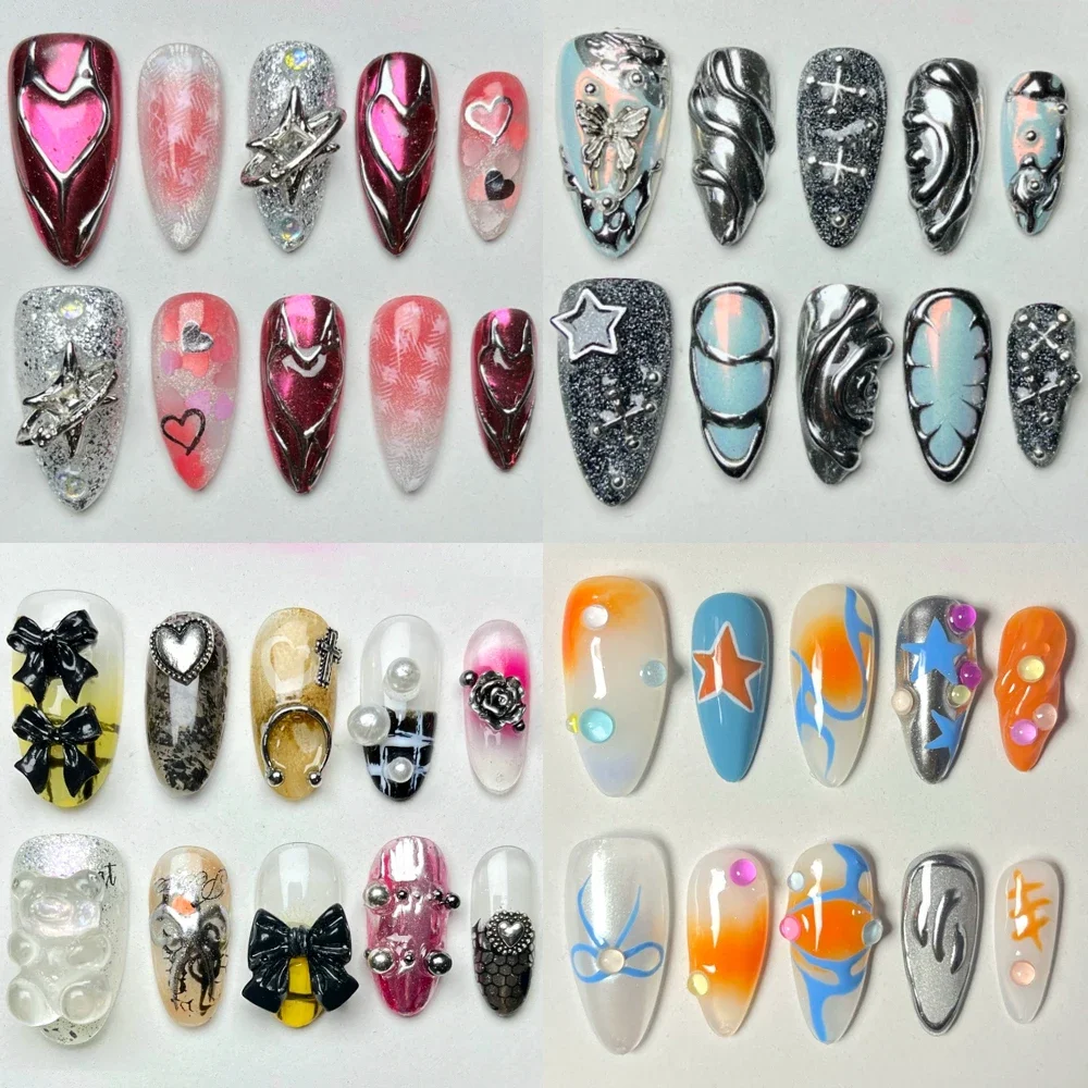 

Y2K Spice Girl Punk Handmade Almond Square Full Cover Nails Dopamine Metal Flower Butterfly Stars Bowknot Cat Eyes Press On Nail