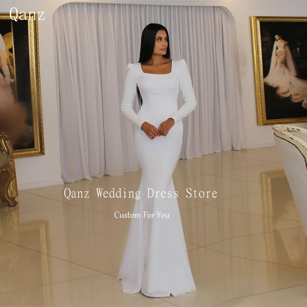

Qanz Minimalism Wedding Dresses Mermaid White Satin Mermaid Vestido De Novia Civil Boda Long Sleeves Bridal Gowns Customized