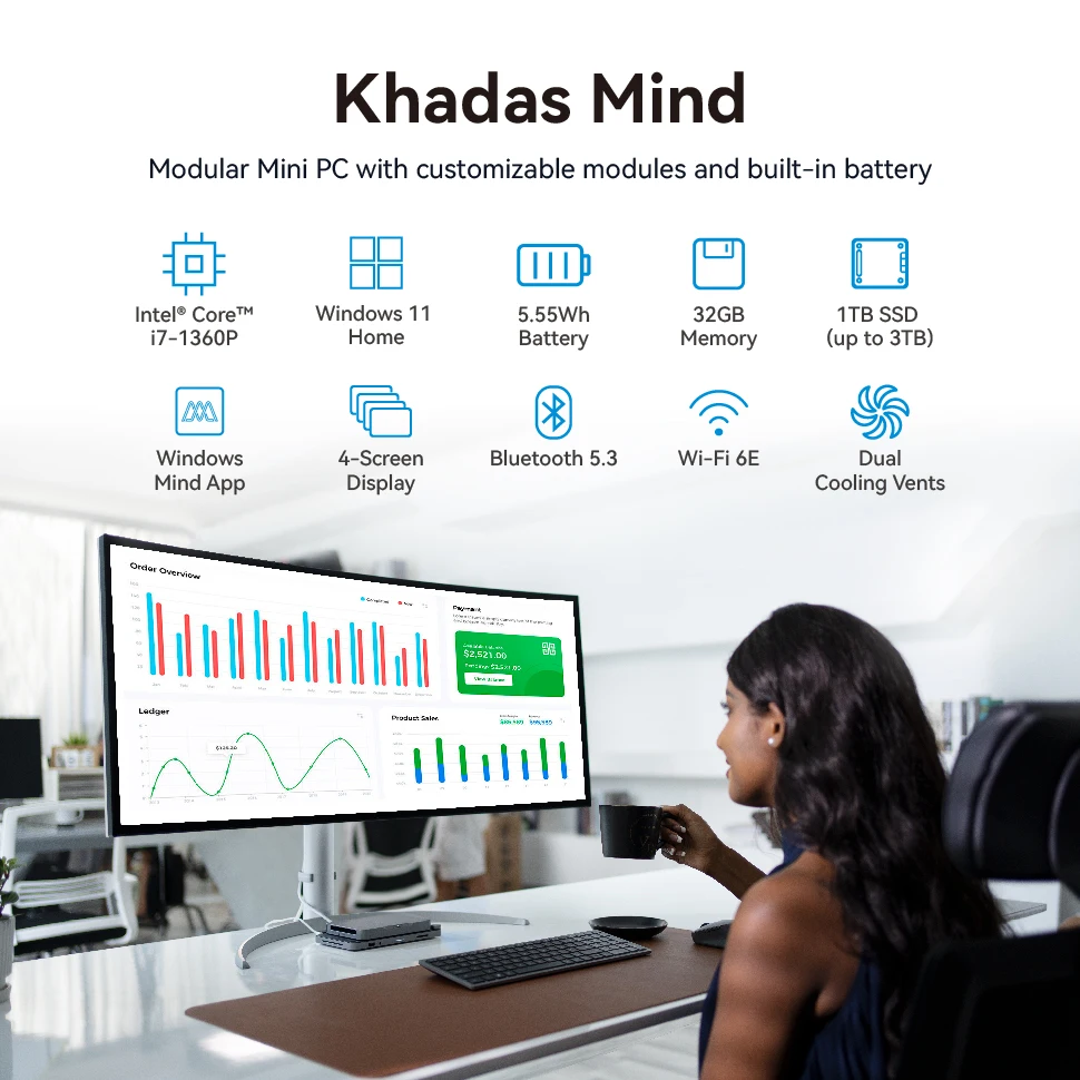 Мини-ПК Khadas Mind 1 с аккумулятором 5,5 Втч Крошечный настольный компьютер Intel с Wi-Fi 6E, BT5.3, Mind Link, Windows 11 Home 32 ГБ + 1 ТБ