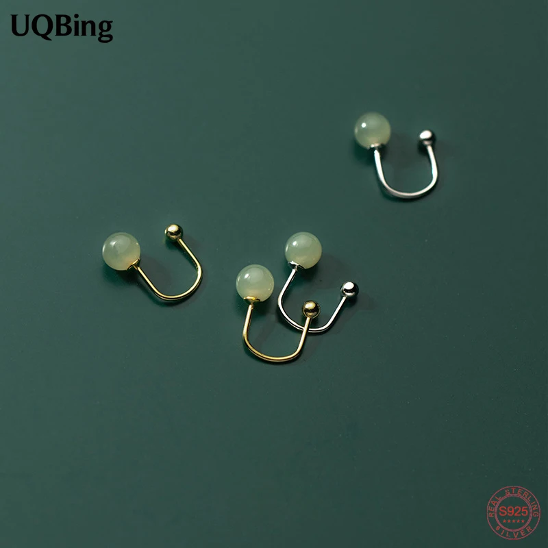 Authentic 100% 925 Sterling Silver U Shape Hetian Jade Stud Earrings For Women Wedding Jewelry