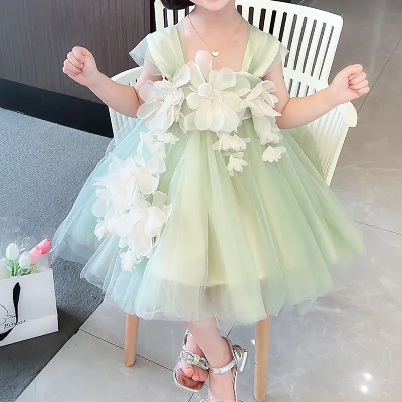 Children\'s Clothing Square Collar Splicing Net Yarn Short Sleeve Girls Party Dresses Lace Floral Sweet Summer Mid-CaIf Dress