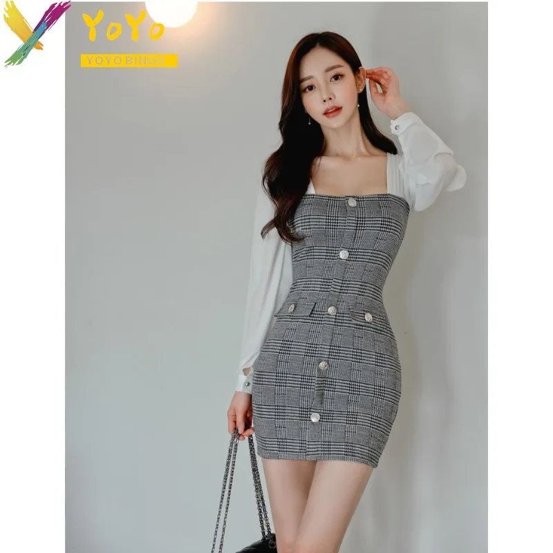 Formal Dress Grey Plaid Long Sleeve Stitching Pencil Dress Autumn Winter Elegant Slim Bodycon Dress sexy night club dress