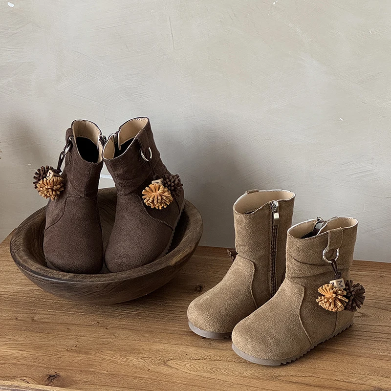 

2025 Winter Solid Children Cotton Boots Flip Fur Children Mid Top Boots Warm and Comfortable Girls Princess Boots 23-33