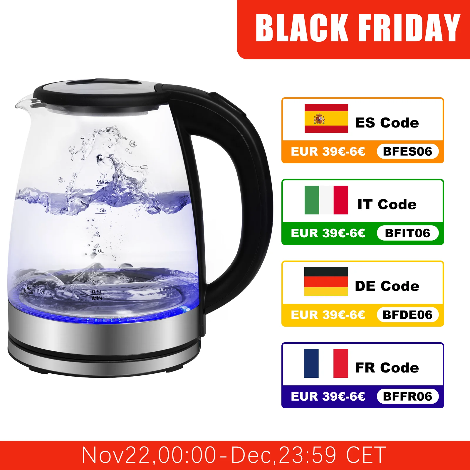 Glass electric kettle with 1.8 litre volume 1500 watt blue LED Interior lighting 360 ° base Power House & Garden test | best