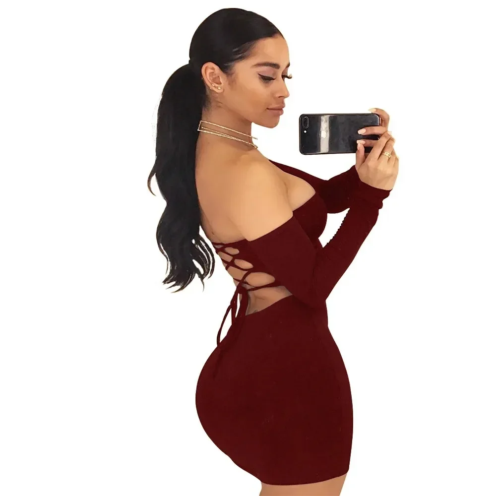 

Women's Dresses Strapless Off Shoulder Long Sleeves Lace Up Mini Dress Bodycon Pure Color Slim Fit Sexy Summer 2024