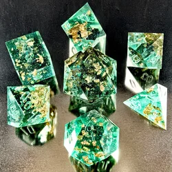 Unpainted Shimmery Sharp Edge DND Dice Set with Golden foil, Handmade 7 Piece Razor Edged Polyhedral RPG Dice Set