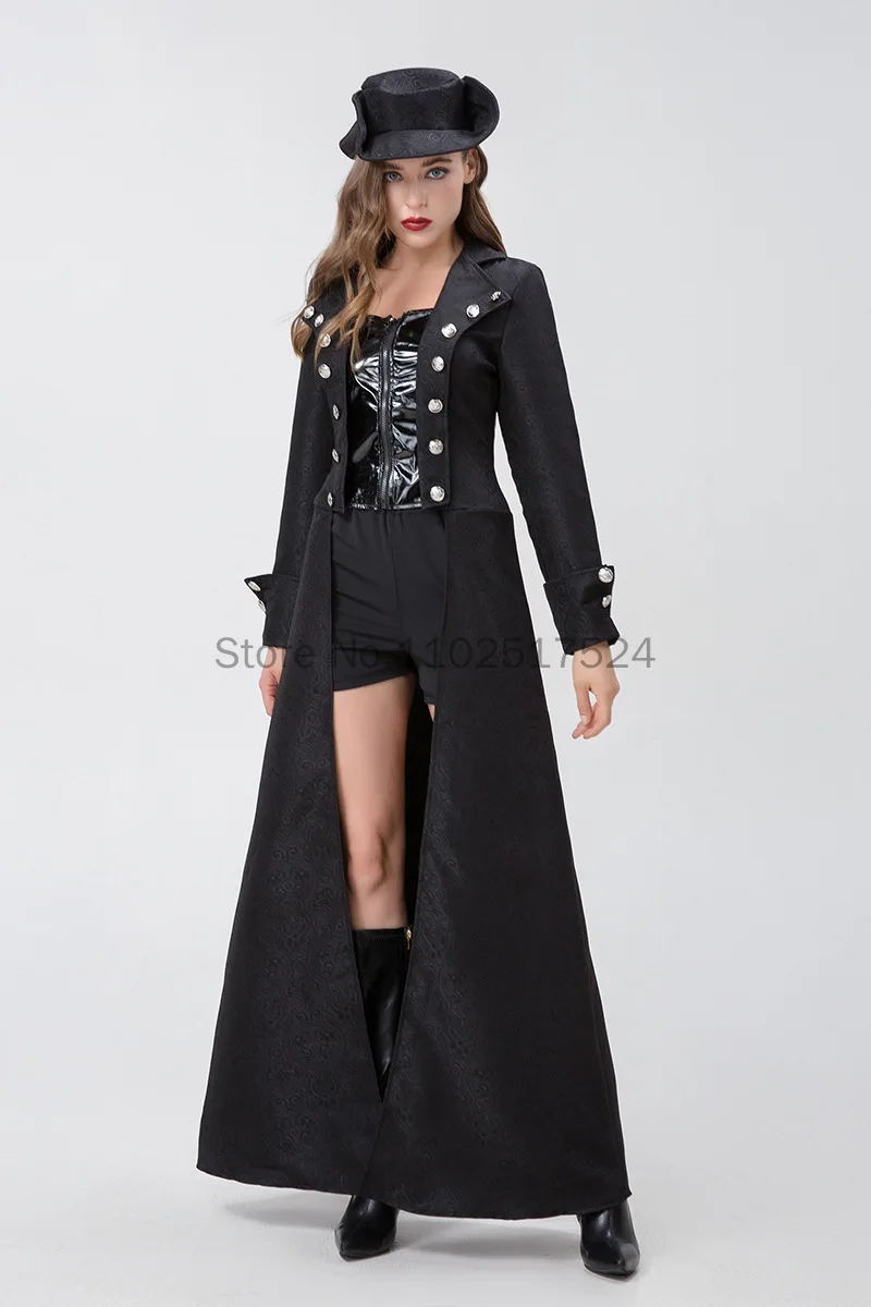 Halloween Vintage Medieval Gothic Coat 3pcs Black Renaissance Pirate Cosplay Cpstume Uniform Steampunk Jacket Shorts Hat Set
