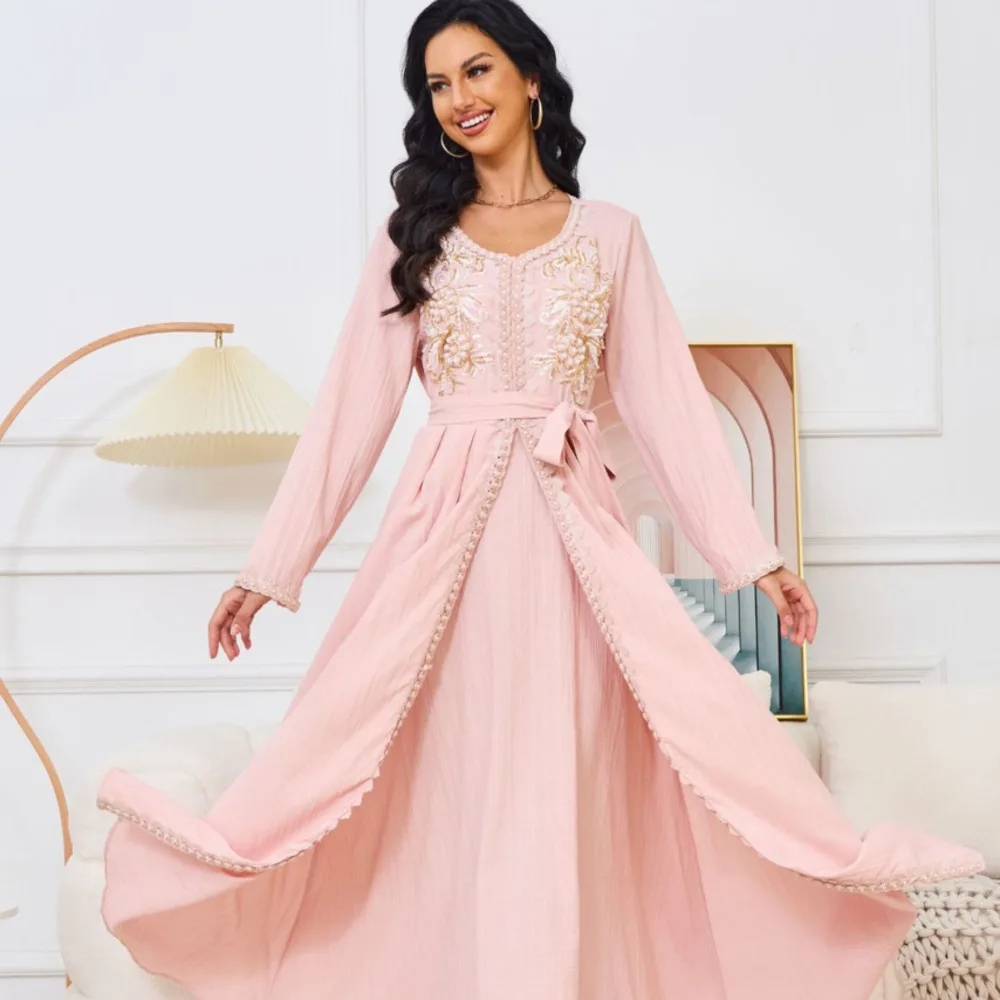 

Beaded Abaya Dress Muslim Fake 2-pieces Women Pink Robe Round Neck Long Sleeve Dress Abaya Dubai Arab Long Dress With Belt