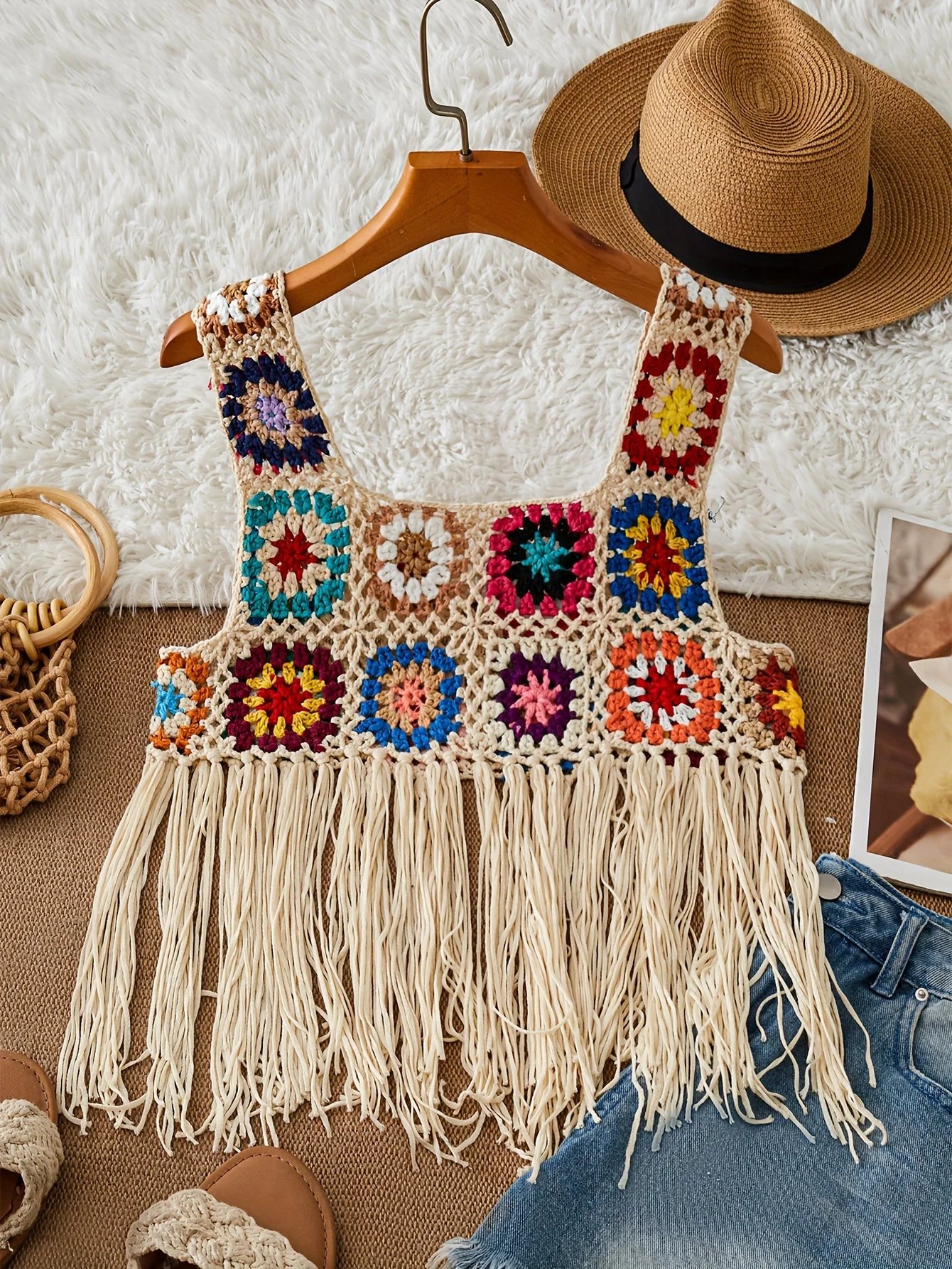 Szydełkowana kamizelka w stylu boho Patchwork Beach Cover-Up z frędzlami Boho Chic Summer Tank Top