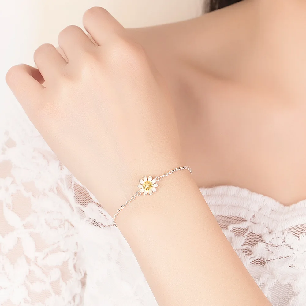 S925 Sterling Silver Bracelet Simple Sunflower Small Daisies Chrysanthemum Sunflower Bracelet Jewelry Gift For Women