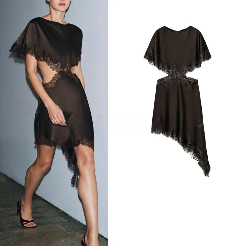 

Sexy round Ne Lace Dr Women's Faion New Arrival Layered Decorative Open Design Polyester Fabric Batwing Sve Casual Fit