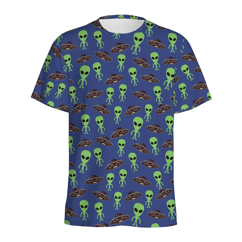 Cartoon UFO Alien Pattern T Shirt Men Kids Fashion 3D Printed T-shirt Tops Women Loose Short Sleeves Summer O\'Neck Tee Shirts