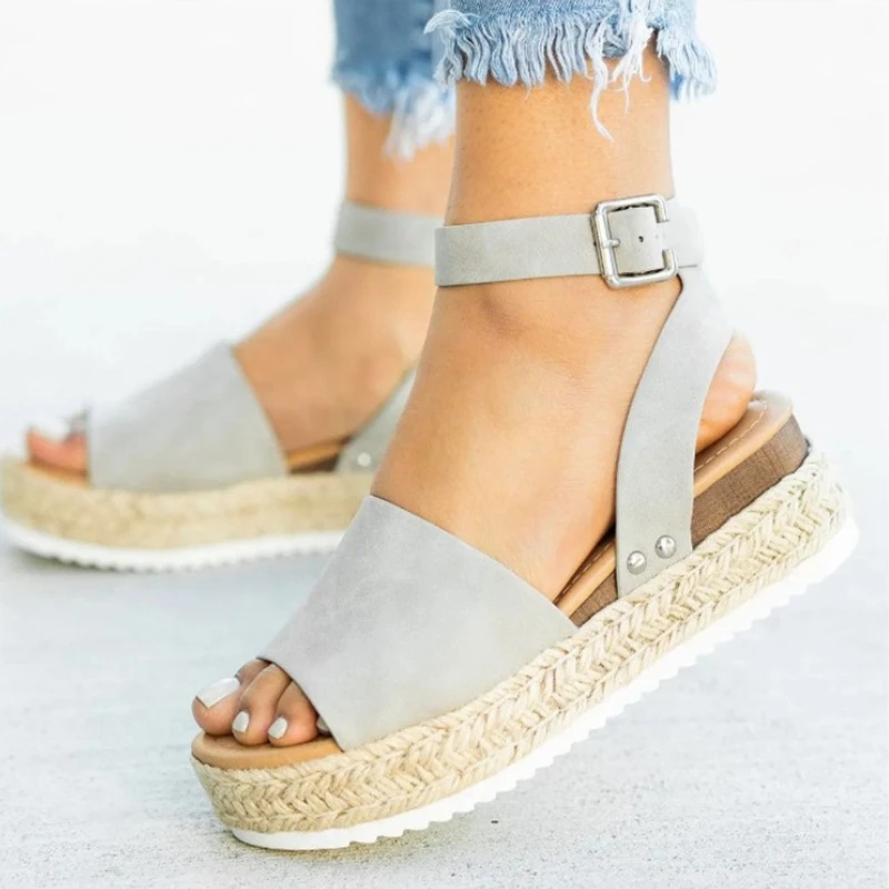 New Women Casual Sandals Fish Mouth Hemp Rope Platform Wedge Shoes Fashion Round Toe Buckle Leopard Print Beach Flats Plus Size