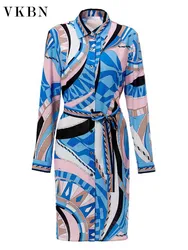 VKBN-Straight Silk Dresses for Women, Long Sleeve Sashes, Fashion Printing, Plus Size, Party Clothing, Summer, 2024