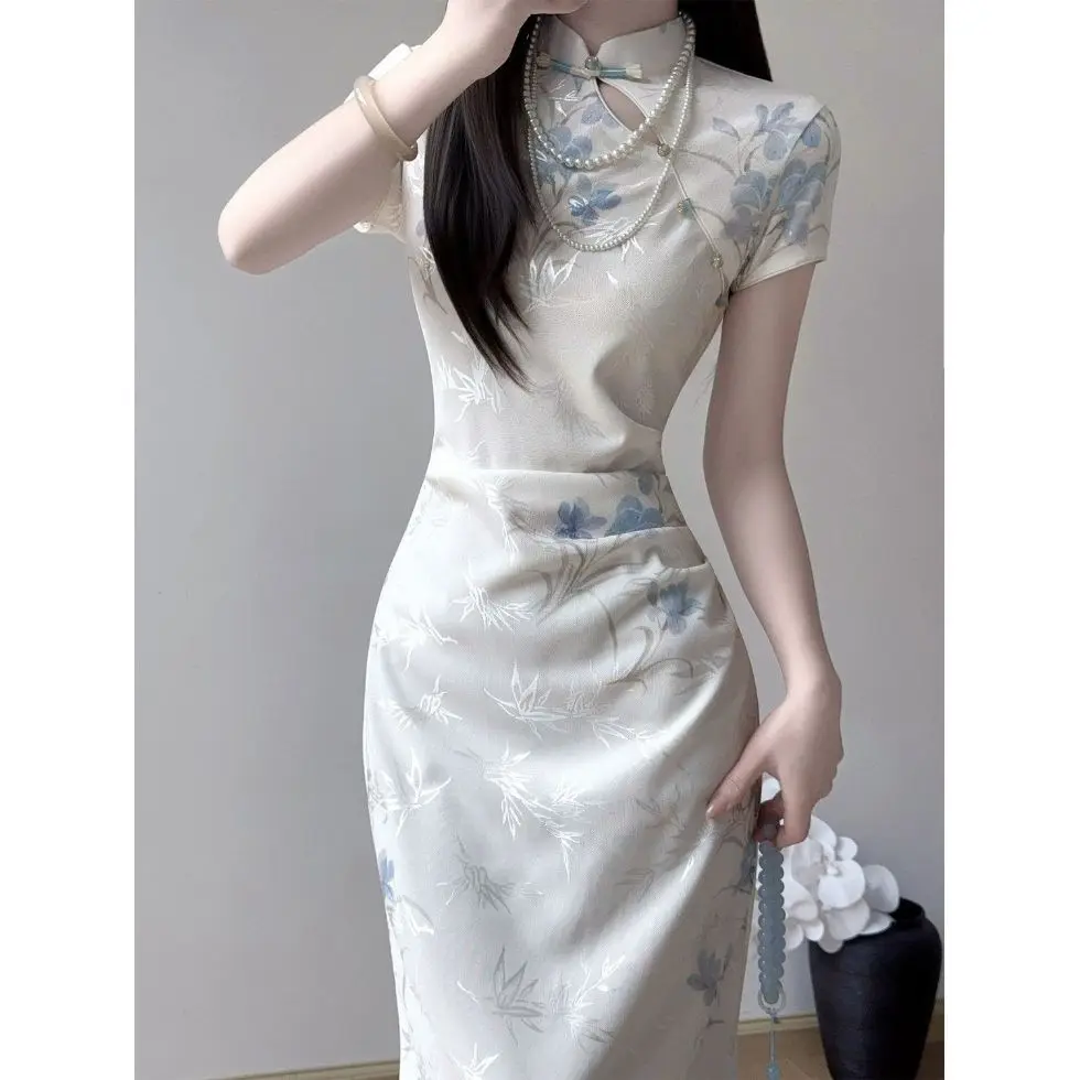 Traditional Chinese Clothing Summer Sexy Cheongsam Women Stand Collar Sexy Slim Waisted Long Qipao Daily Wear Dress CH-111