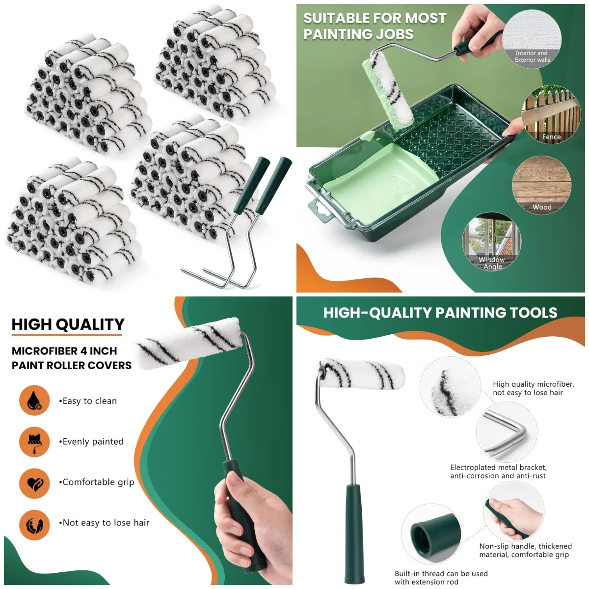 

100 упаковок 4-дюймовых накладок на малярные валики из микрофибры с 2 антикоррозийными металлическими рамами