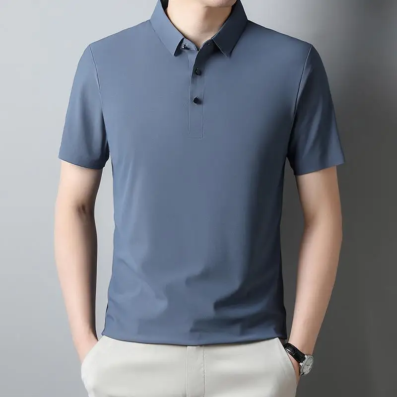 

2023 Men's Ice Silk Elastic Short Sleeve Shirt Seamless Breathable Quick Dry Color T-Shirt Comfortable Loose Fit