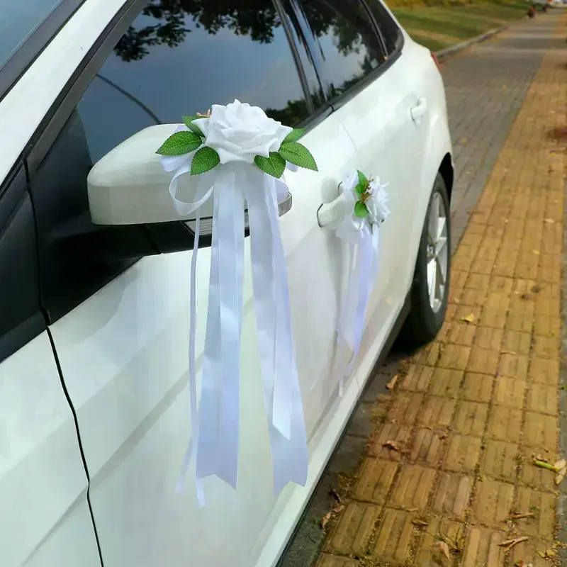 Wedding Car Rearview Mirror Flower Decoration 1Pcs Vintage Bow Design Handle Decor Wedding Party Escort Car Accessory