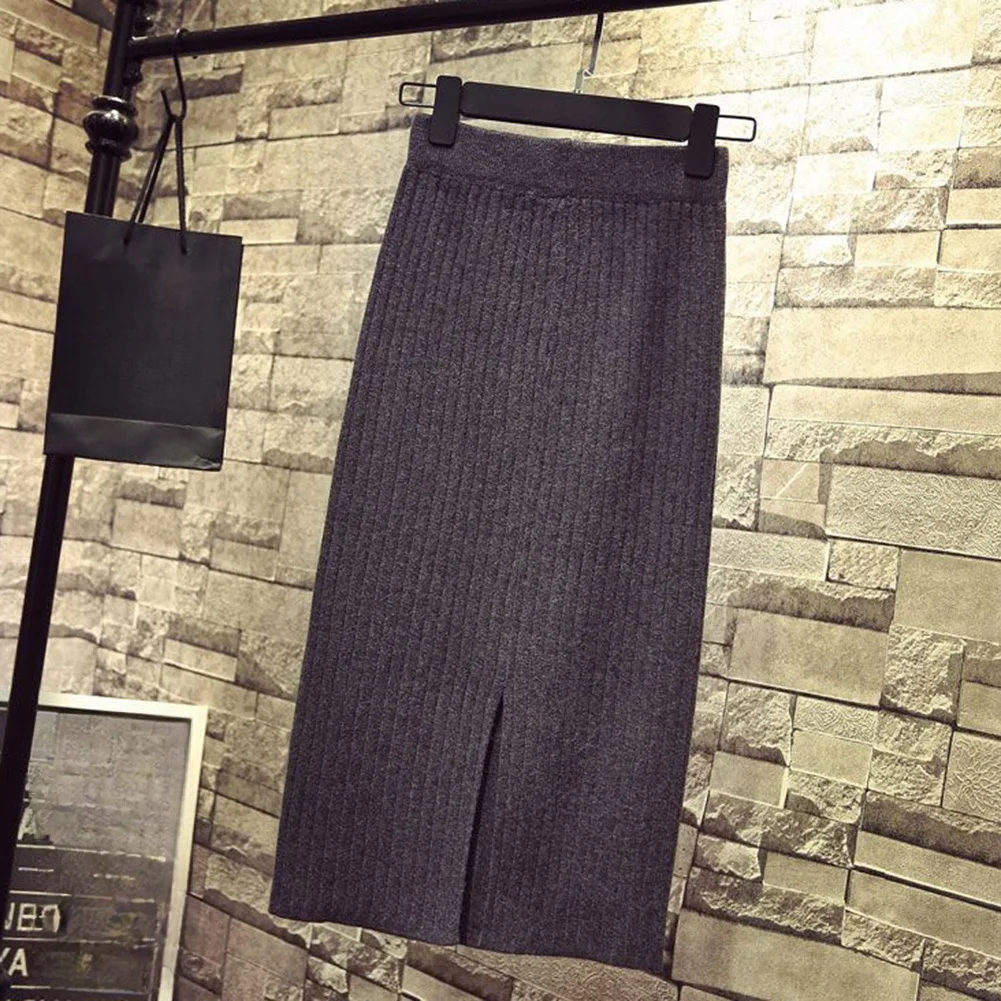 Women High Waisted Knit Skirt Side Slit Medium Length Bodycon Solid Color Female Casual Wear Ladies Fashion Bottoms