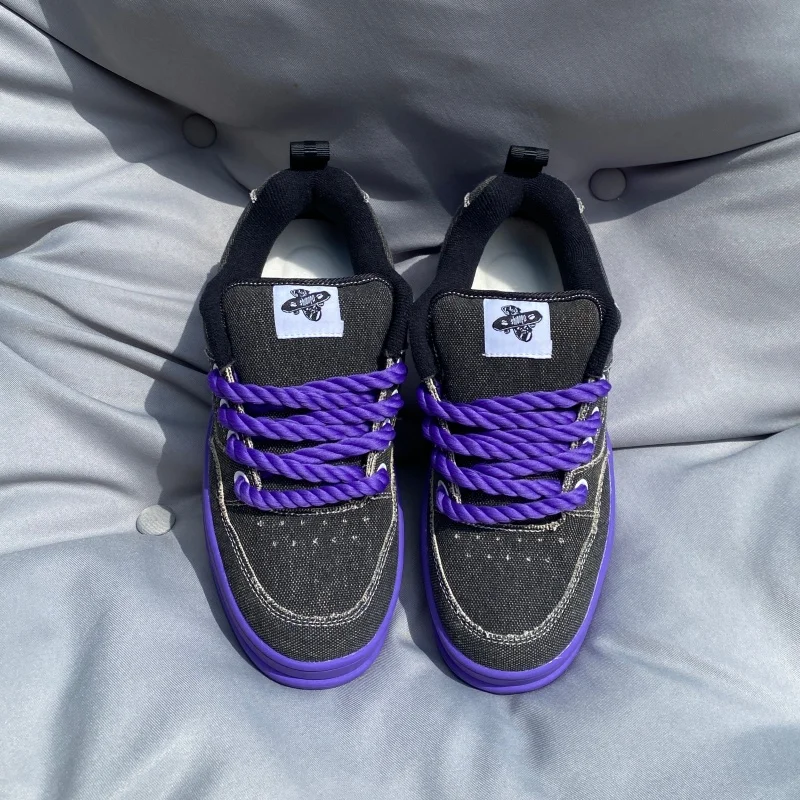 Black Thick Rope Shoelaces for Bread Shoes Niche Design Thick Sole Casual Board Shoes Dark Series Trendy Skateboarding Shoe