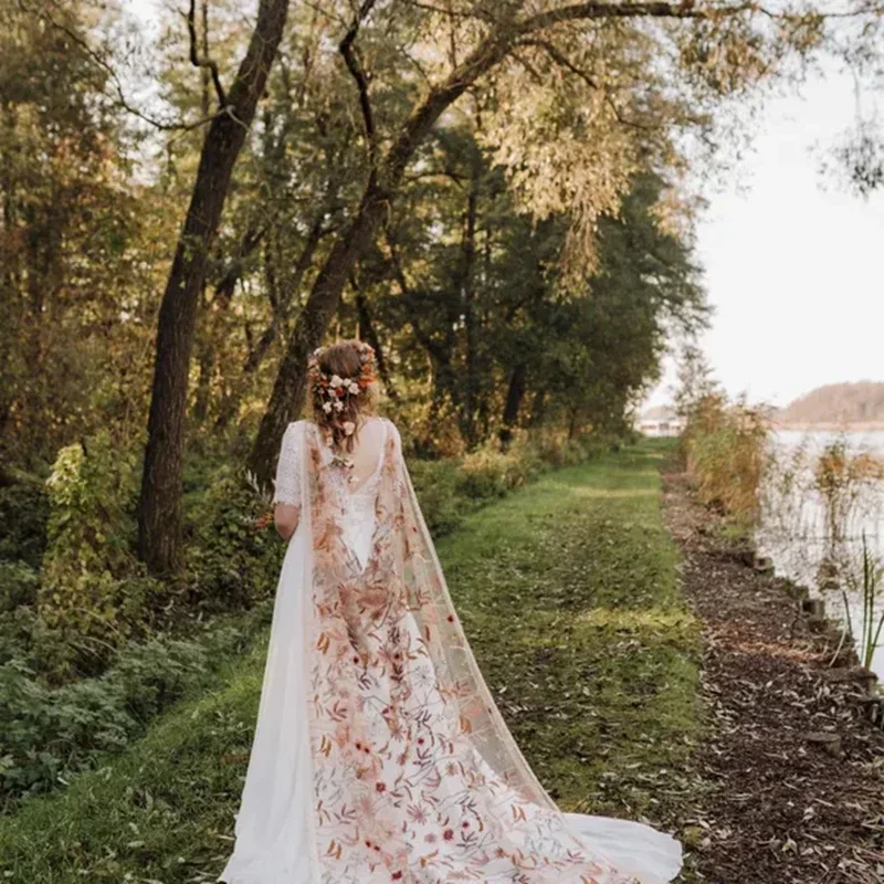 

Autumn Leaves Falling Floral Bridal Wedding Cape Draped Shoulder Veils Embroidery Accessories Flowers For Bride Tulle Lace Trim