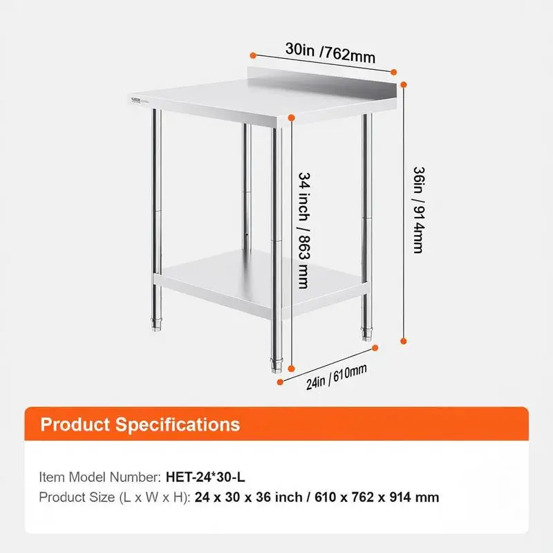 24 x 30 x 36 Inch Stainless Steel Work Table, Commercial Food Prep Worktable Heavy Duty Prep Worktable, Metal Work Table with Adjustable Height for Restaurant, Home and Hotel - view 5