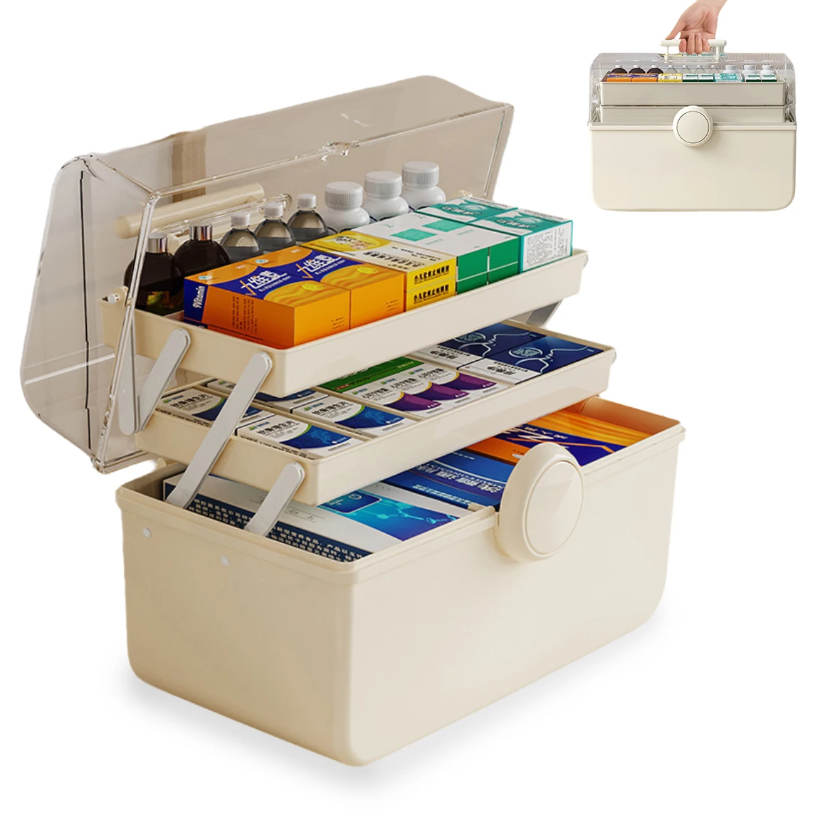 

3 Layers Folding Storage Cabinet Medicine Pillboxes Portable Makeup Storage with Handle Pill Organizer Box Multi-tap Utility Box