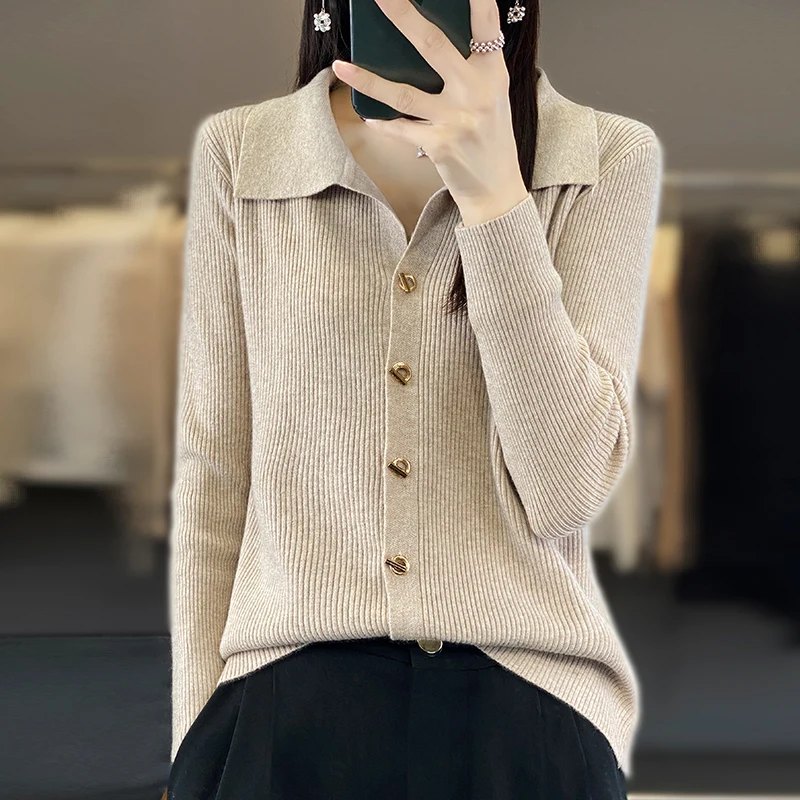 Women Merino Wool Sweater Polo Collar Tailored Cardigan Autumn Winter New Fashion Knitwear Casual Slim Soft Jacket Basic Tops