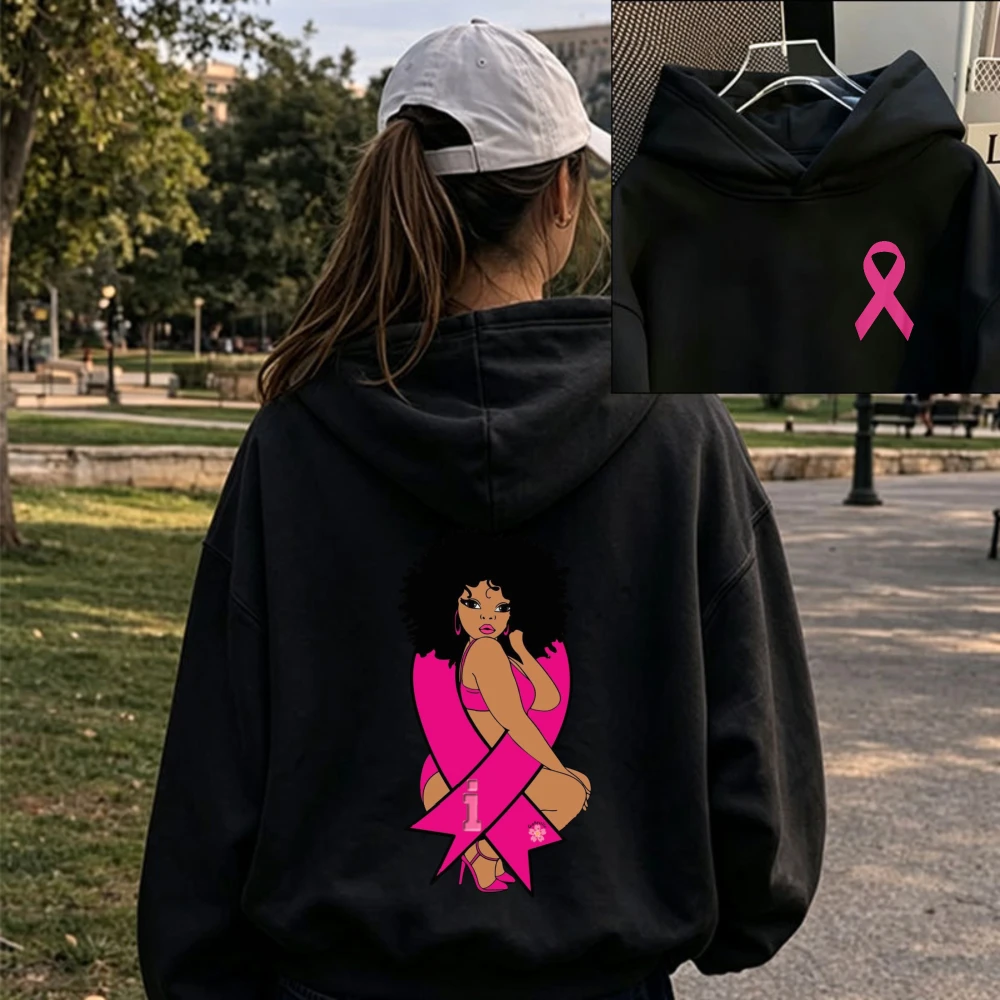 Women Afro Black Woman Pink Ribbon Hoodie Oversized Casual Pullover Hooded Sweatshirt Breast Cancer Awareness Support  Hooded