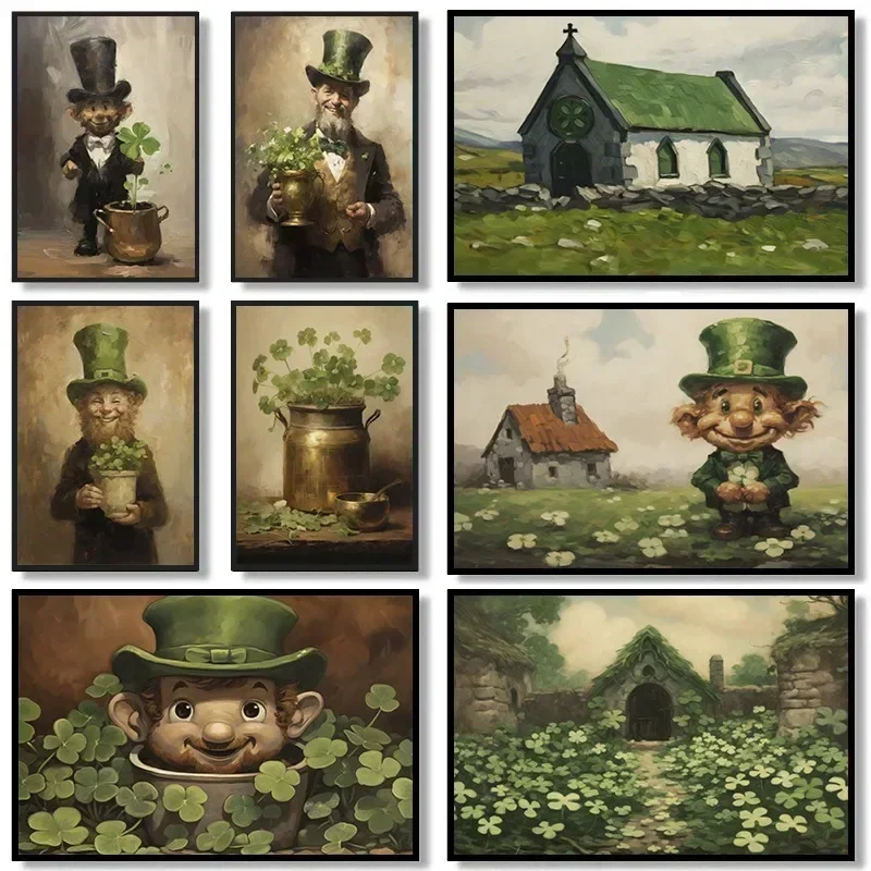 Saint Patricks Day Four Leaf Clover Leprechaun Rustic Posters and Canvas Printing Wall Art Picture for Living Room Decor