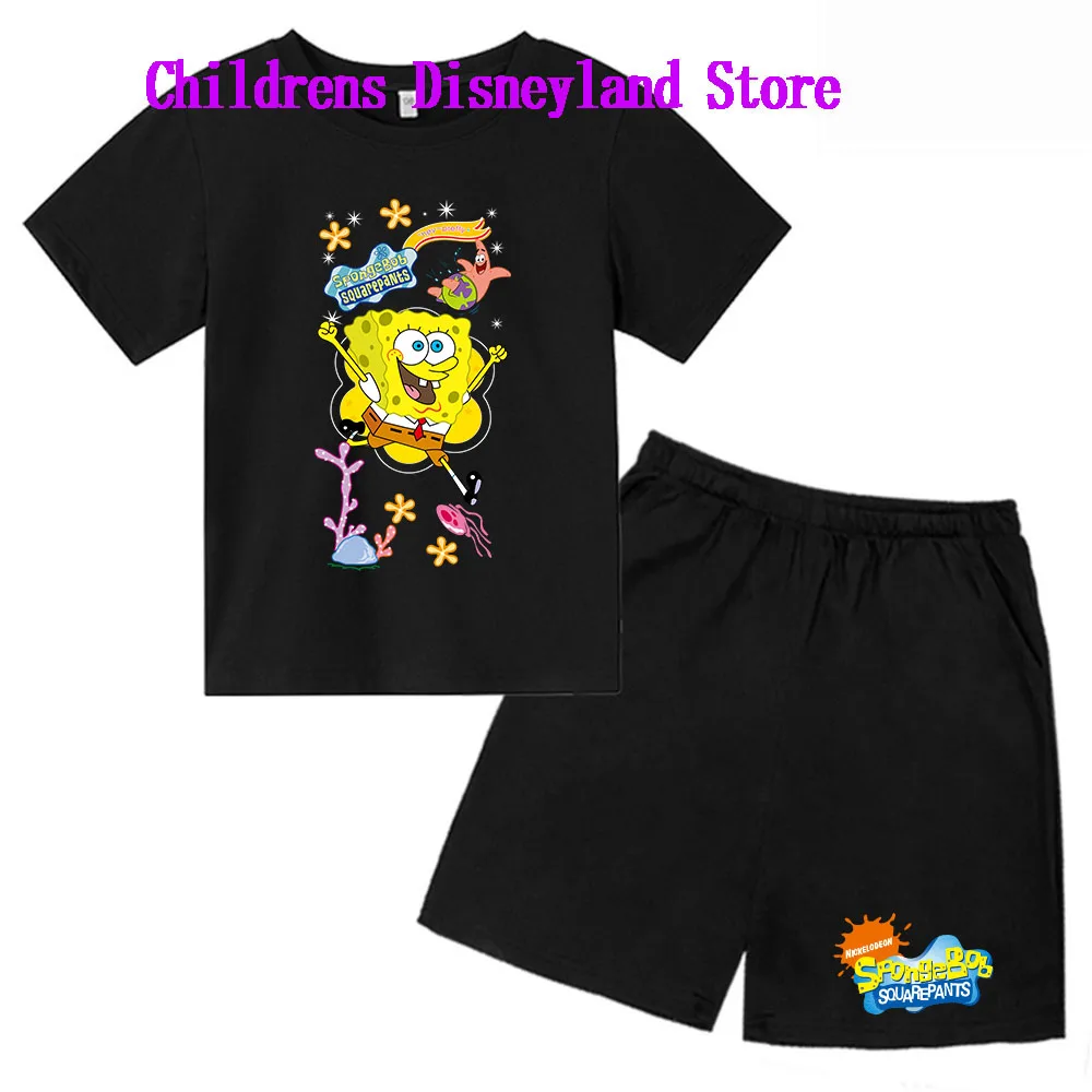 Spongebob Squarepants Spring And Autumn Children's Wear Boys And Girls T-shirt Set 2-piece Anime t shirt Sportswear Shorts boys