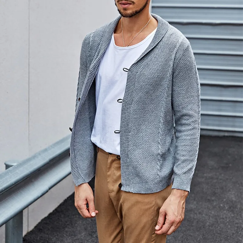 European and American 2023 New Autumn and Winter Men's Cardigan Lapel Solid Color Long-sleeved Sweater Jacket