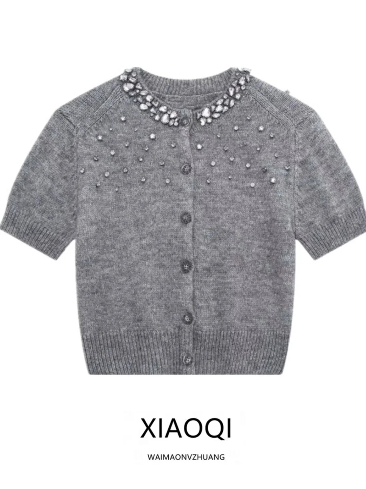 

Spring 2024 Knitted ort Sve round Ne Cardigan Jewelry Embellied Ribbed Decorative Women's Sweet Sle Nylon Sweater