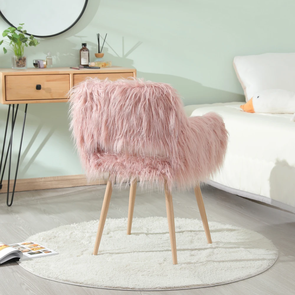 PINK Faux Fur Upholstered Make Up Chair Side Dining Chair with Metal Leg(PINK Beech Metal Leg)