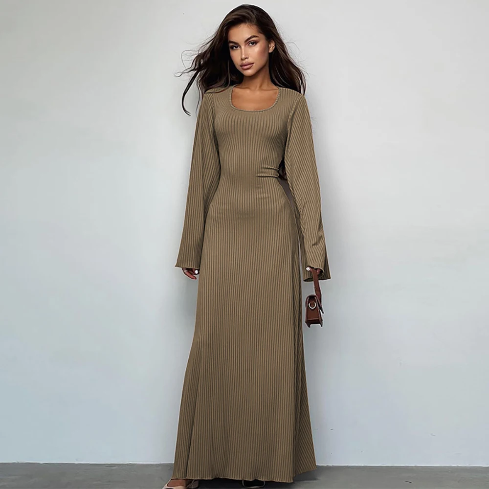 Robe décontractée pour femmes, col en U, ligne A, Slim, élastique, cloche, manches longues, sangle arrière, lacets, longueur cheville, couleur unie, robe Maxi Daliy