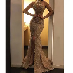 2024 Sexy Mermaid Prom Dress Deep V-Neck Sparkly Sequins Applique High Split Gown Dresses Evening Dress For Girls Robe De Soirée